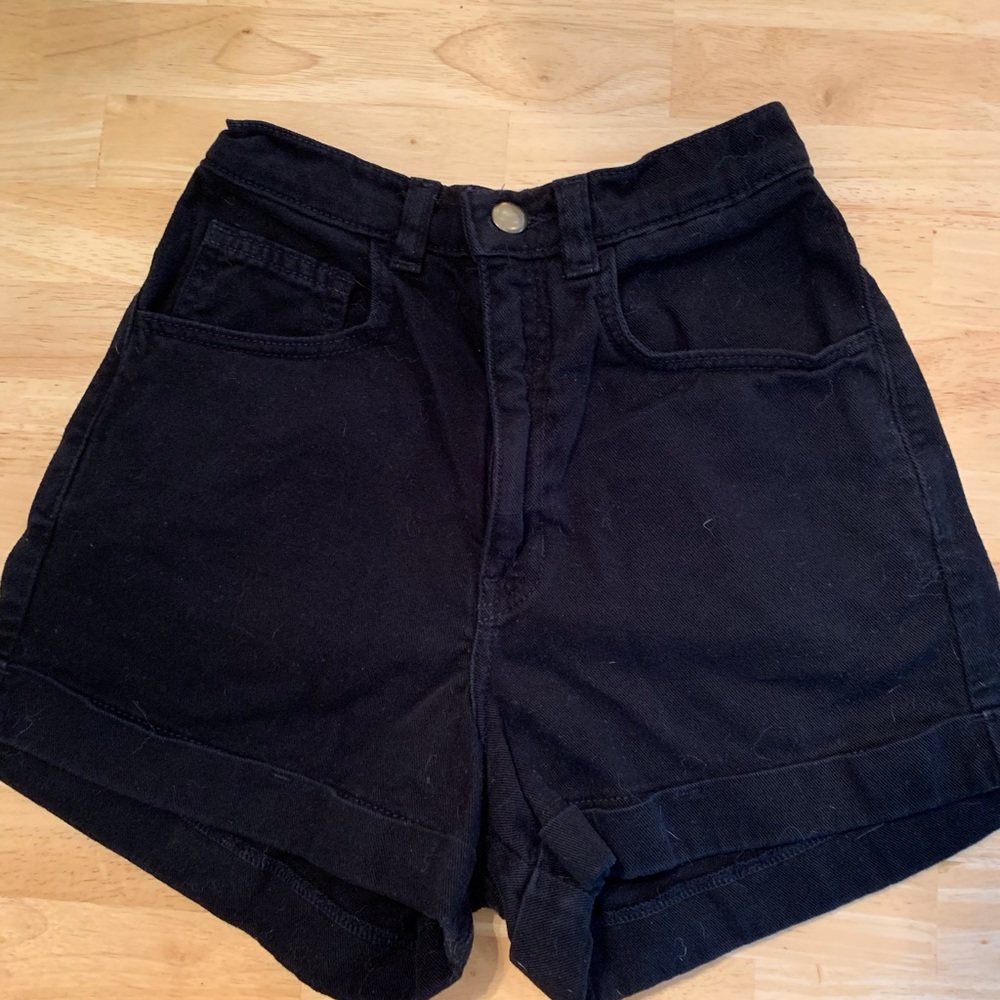 Black Denim High-Waist Cuff Shorts